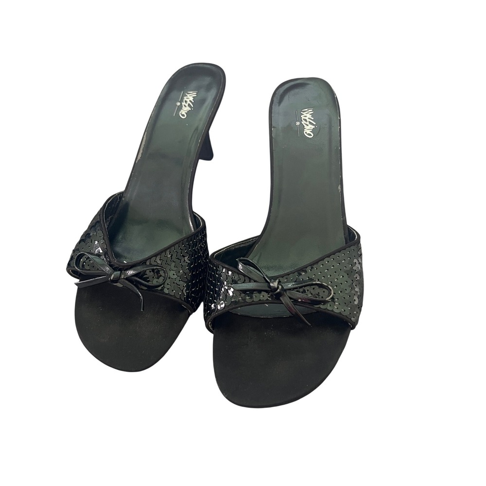Mossimo Black Sequin Kitten Heel Mules Bow Accent Slip On Sandals 9.5 077151669